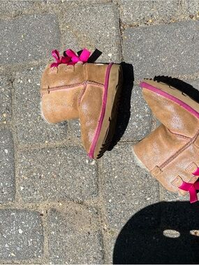 UGG Kids Tan Boots with Pink Trim and Bows